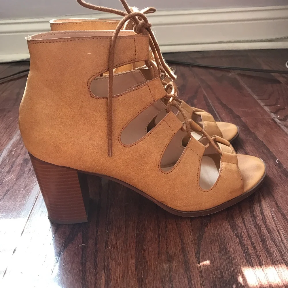 Lulu's Tan Lace-Up Cutout Block Heel Sandals